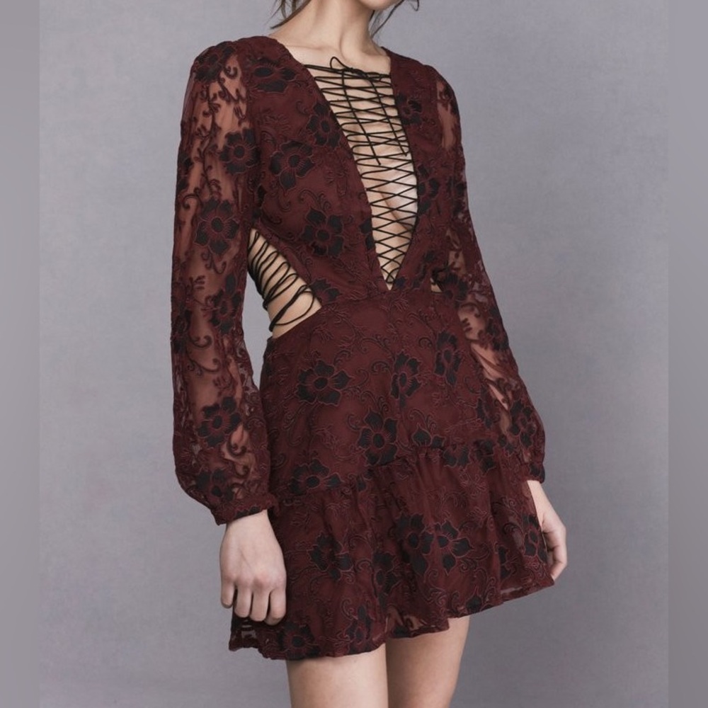 For Love and Lemons Jolene Lace Up Dress Burgundy